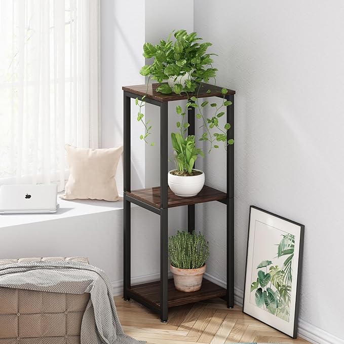 Plant Stand Indoor 3 Tier Tall Metal Corner Storage Tiered Plant Shelf Holder Multiple for Living Room Balcony Garden,Black Oak (3 Tier-Black Oak)