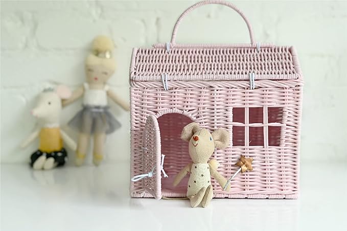 Rool Rattan House Shaped Basket Wicker Small Dollhouse Gift for Girls, Boho Toys, Mouse in a Box House, Little Girl Purse Clutch, Doll Carrier (Pink)