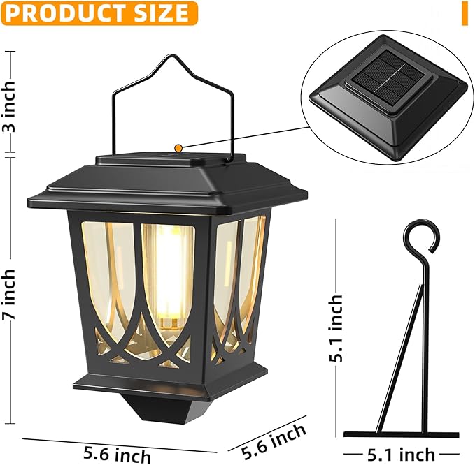Solar Lanterns Outdoor Waterproof 2 Pack, Glass Auto On/Off LED Hanging Solar Lights, Outdoor Lantern with Wall Mount for Yard Fence Patio - Black