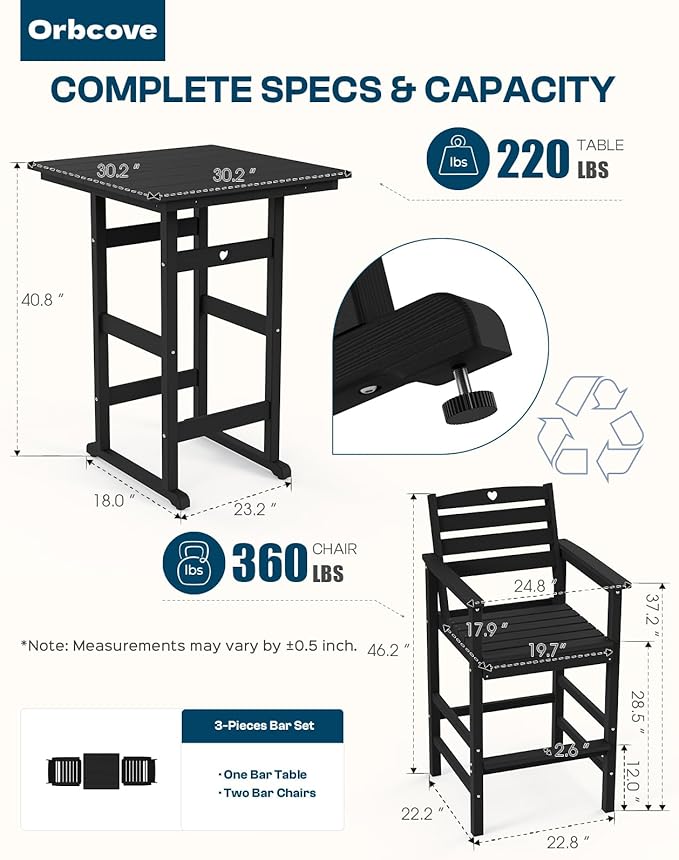 5-Piece Bar Height Outdoor Table and Chairs Set, HDPE Wood Grain Patio Bar Table and Chairs with Heart Cutout Design, Weather-Resistant Bar Height Furniture for Deck, Porch, Pool (Black)