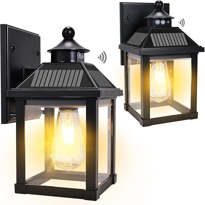 Solar Wall Lights Outdoor, Dusk to Dawn Solar Sconces, Motion Sensor Porch Lights Waterproof with 3 Lighting Modes, Exterior Wall Lantern Outside for Patio Garage Entryway Garden Shed