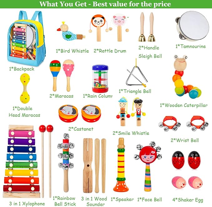 Toddler Musical Instruments Set, 32 PCS 19 Kinds Wooden Percussion Instruments Toys for Kids Playing Preschool Education, Early Learning Baby Musical Toys for Boys and Girls Gift