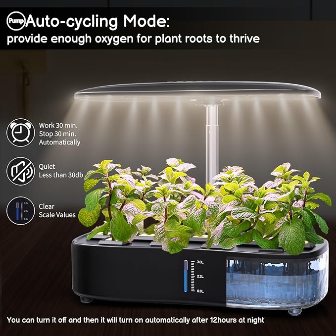 Hydroponics Growing System Kit 12Pods, Birthday Gifts for Mom Women, Herb Garden Indoor with LED Grow Light for Home, Adjustable Height Up to 17", 12Pods,Auto-Timer (Black)