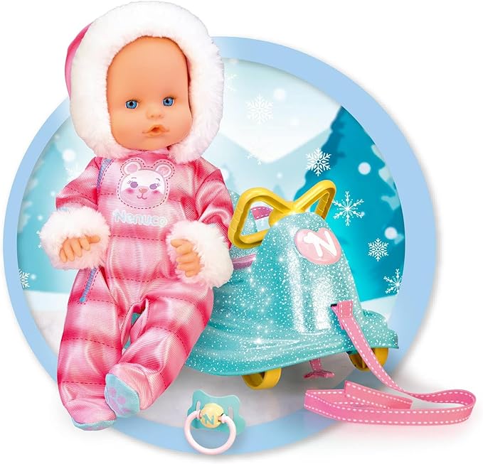 Nenuco 14" Baby Doll in Ski Suit and Sleigh Accesssory On Wheels with Color Chaning Nose, for Ages 2+