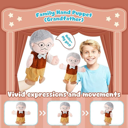 1 Pcs Family Hand Puppets 12 Inch Grandparents, Mom & Dad, Brother & Sister Plush Hand Puppet Toys Role-Play Toy Puppets for Kids Storytelling Imaginative Pretend Play Teaching Preschool(Grandpa A)