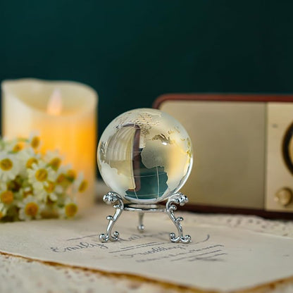 60mm World Globe Crystal Earth Ball Paperweight with Stand Glass Sphere Display Globe Ball Christmas Decor for Home Office Desk