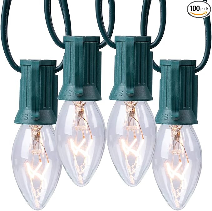 C9 Clear Christmas String Light Set, 100 Feet Vintage Christmas Tree Lights, Outdoor Roofline String Lights with 100 Clear Bulbs for Patio Garden Holiday Indoor Home Decorating, Not Connectable