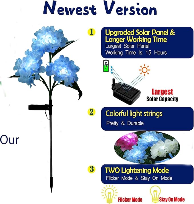 RAYLIDA Solar Lights Outdoor Decorative - 3 Pack Hydrangea Solar Garden Stake Lights Waterproof,Two Lightning Modes & Enlarged Solar Panel (Blue)