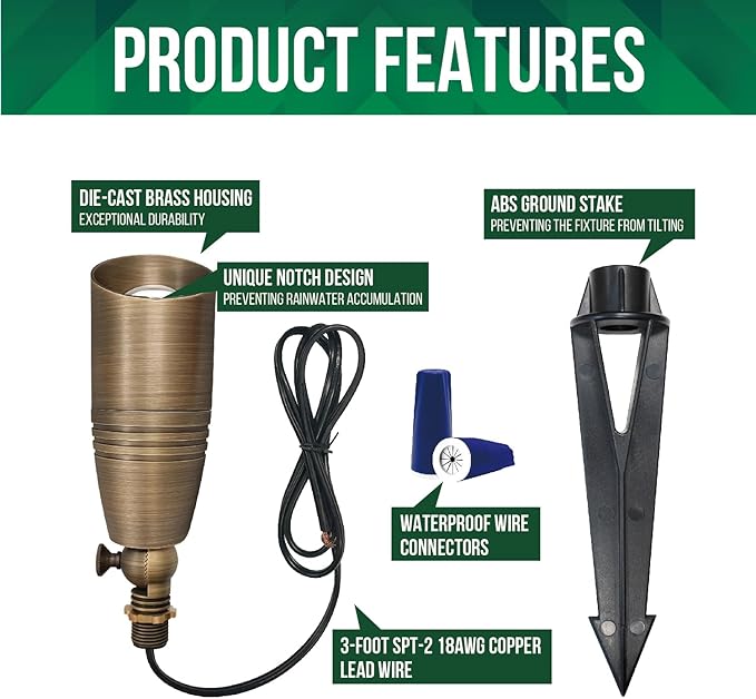 GKOLED Solid Brass Landscape Spotlight, 12V AC/DC Low Voltage Landscape Lights, Outdoor Directional LED Uplight Waterproof Fixture with ABS Spike, Garden Patio Trees Spot Up Light, No MR16 Bulb