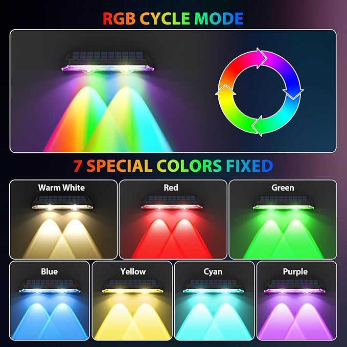 Solar Fence Lights,RGB & Warm White & 6 Colors Bright Lens LED Dusk to Dawn Deck Light Outdoor Waterproof, Solar Outdoor Lights for Backyard/Railing/Wall/Step/Patio/Pool (8Pack)