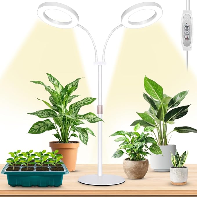LBW Halo Plant Grow Lights, Dual-Head Desk Grow Light for Indoor Plants, 72x2 LEDs Full Spectrum Grow Lamp with 4/8/12H Auto Timer, 4-Level Brightness, Flexible Gooseneck, Height Adjustable, White