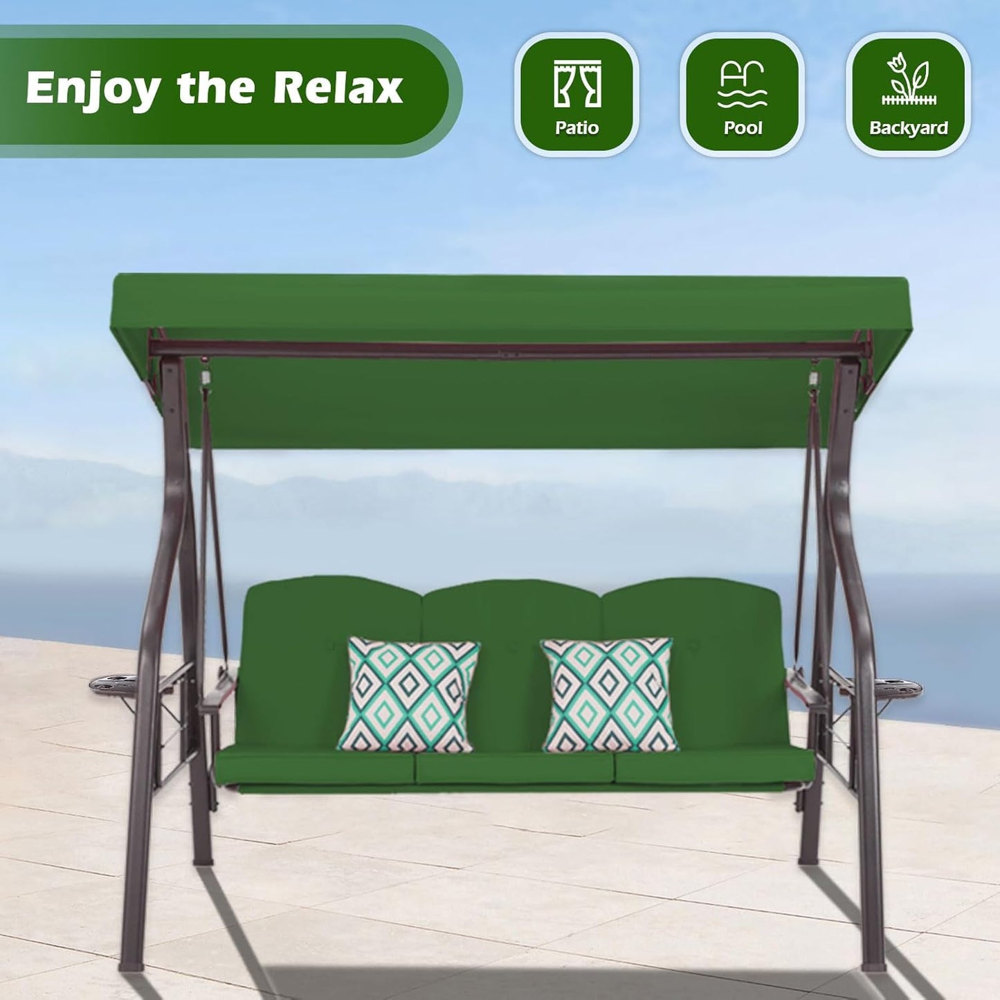 3-Seat Outdoor Porch Swing with Stand Patio Swing with Canopy 2 in 1 Porch Swing Bed & Patio Swing Chair for Adult w/Extra Pillows and Cup Holder for Yard(Green)