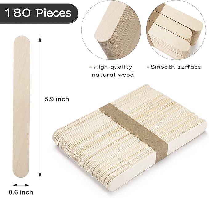 WISYOK 180 Pcs Wood Craft Sticks 5.9 Inch, Ice Cream Sticks, Jumbo Sticks, Popsicle Sticks, Ideal for Building Model, Kids Handicraft, and Creating Craft Projects