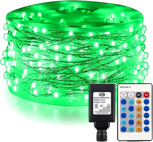 RUICHEN Green Dimmable Fairy Lights Plug in, Super Long 165 Ft 500 LED Twinkle String Lights with Remote, Waterproof Silver Wire Firefly Lights for Christmas Wedding Party Bedroom Patio Garden