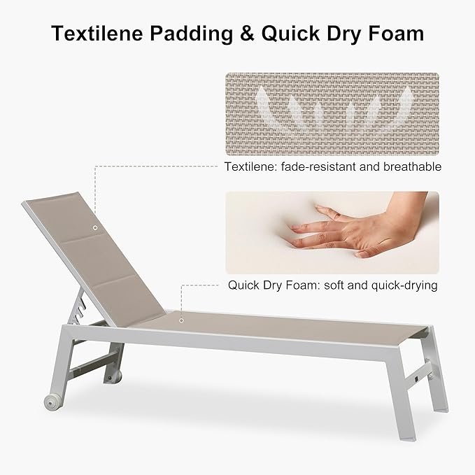 PURPLE LEAF Outdoor Chaise Lounge Set Oversize Adjustable Sunbathing Recliner Extra Wide Lounge Chairs with Side Table for Poolside Beach Outside Patio Aluminum Chaise Lounger Khaki 2 Sets