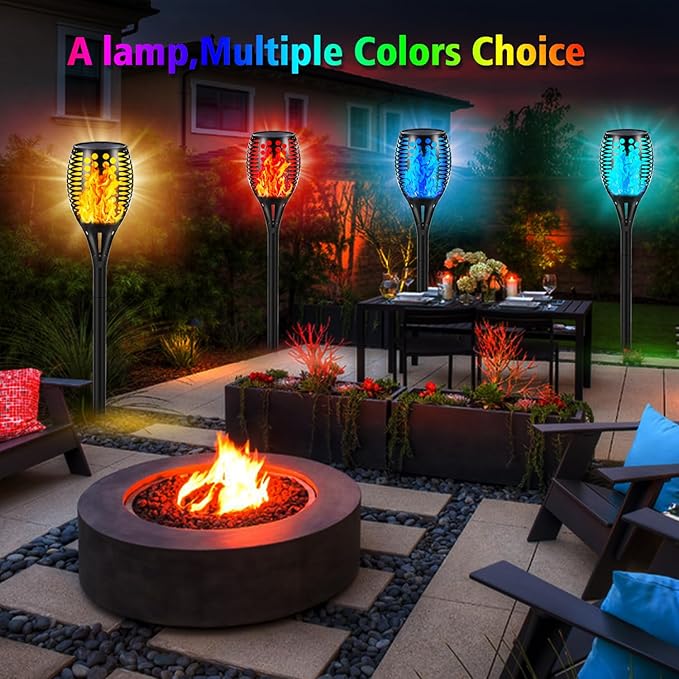 RGB Colorful Solar Torch Light 4 Pcs Solar Lights Outdoor 96 LED Upgraded Waterproof Landscape Garden Pathway Light with Vivid Dancing Flickering Flames for Yard Decoration