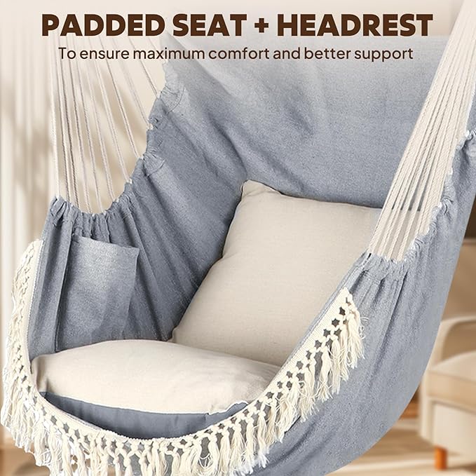 Chihee Hammock Chair Hanging Swing 2 Pillows Included,Strong Webbing Straps and Hooks for Easy Hanging Soft Cotton Hanging Chair Side Pocket Tassel Chair Comfort Indoor Outdoor Light Grey