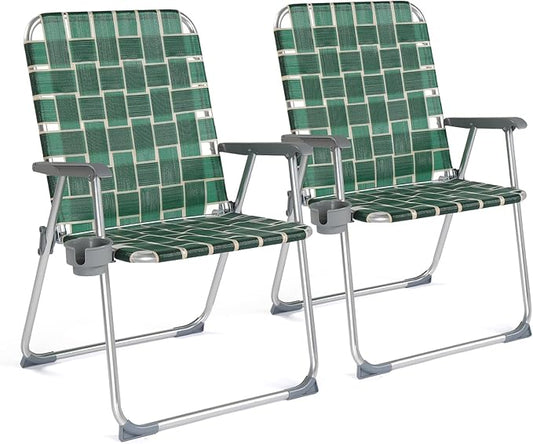 VINGLI Folding Webbed Oversized Lawn Chairs with Detachable Cup Holder, 300 LBS High Beach Chair for Adults Heavy Duty, Portable Aluminum Patio Chair for Yard, Garden, 2 Pack,Dark Green