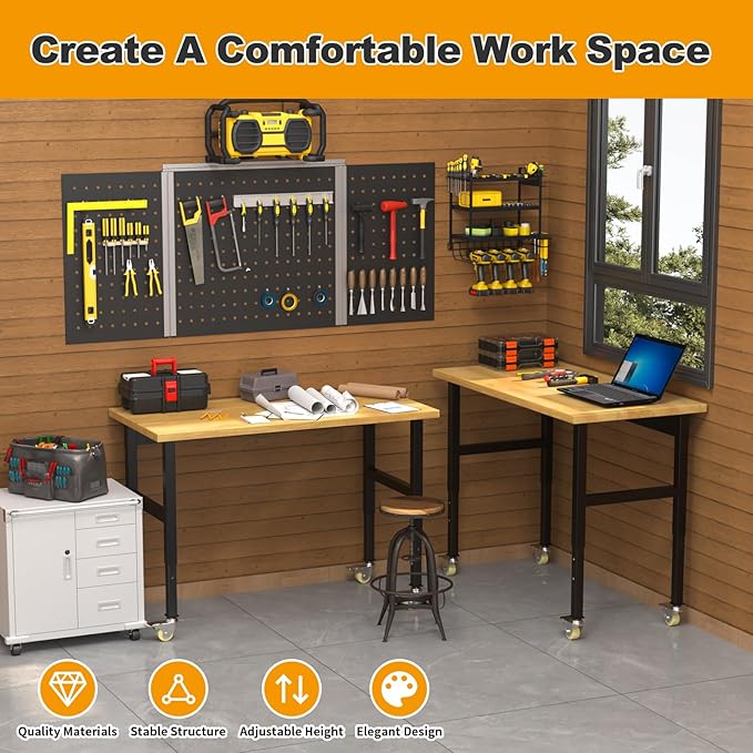 48''x24 Solid Wood & Heavy-Duty Work Bench Workbench, Adjustable Height Work Table, 2000 LBS Capacity Workstation Work Benches for Garage, Workshop, Repair Shop