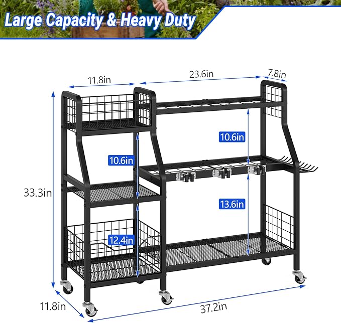 keomaisyto Garden Tool Organizer with 6 Wheels(3 lockable), Heavy Duty Yard Tool organizer with 2 Basket, Large Metal Garage Tool Organization and Storage for Garage/Shed/Yard/Broom Closet/Lawn