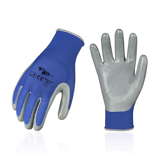 Vgo... 10-Pairs Safety Work Gloves, Gardening Gloves, Non-slip Nitrile coating, Dipping Gloves (Size XL, Blue, NT2110)