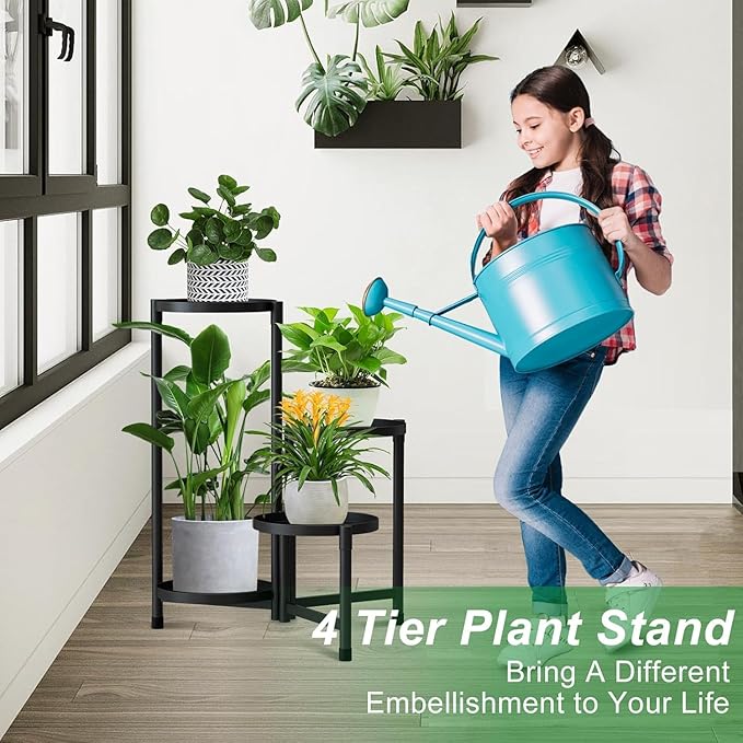 Metal Plant Stand Indoor Outdoor,4 Tier Tall Black Flower Stand Waterproof Plant Holder,Folding Design Corner Plant Rack for Patio Living Room Balcony Office