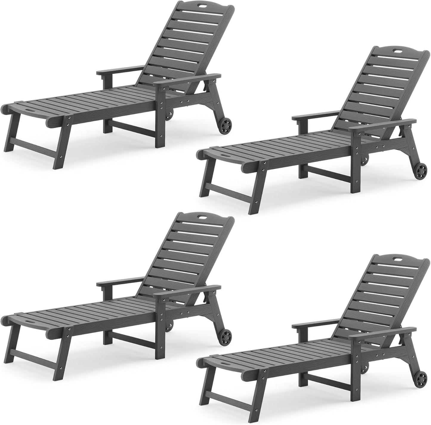 LUE BONA Outdoor Chaise Lounge Chairs Set of 4, 79'' Oversized HDPS Chaise Lounger, 5 Positions Adjustable Lounge Chairs, Pool Lounge Chair with Wheels for Poolside, 3 Year Warranty, Dark Gray