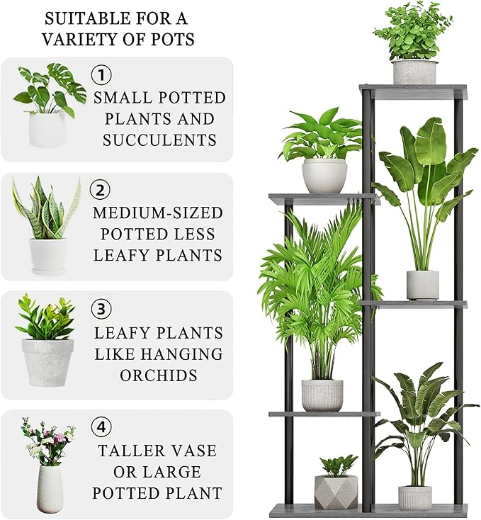 Plant Stand Indoor 5 Tier 6 Potted Metal Wood Plant Shelf, Multiple Flower Pots Corner Tall Plant Holder Stands for Living Room Balcony Bedroom, Oak Grey