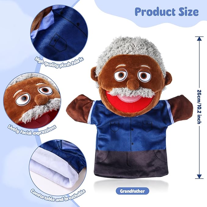 1 Pcs Family Hand Puppets 12 Inch Grandparents Mom Dad Brother Sister Plush Hand Puppet Toys Role-Play Toy Puppets for Kids Storytelling Imaginative Pretend Play Teaching Preschool(Black Grandfather)