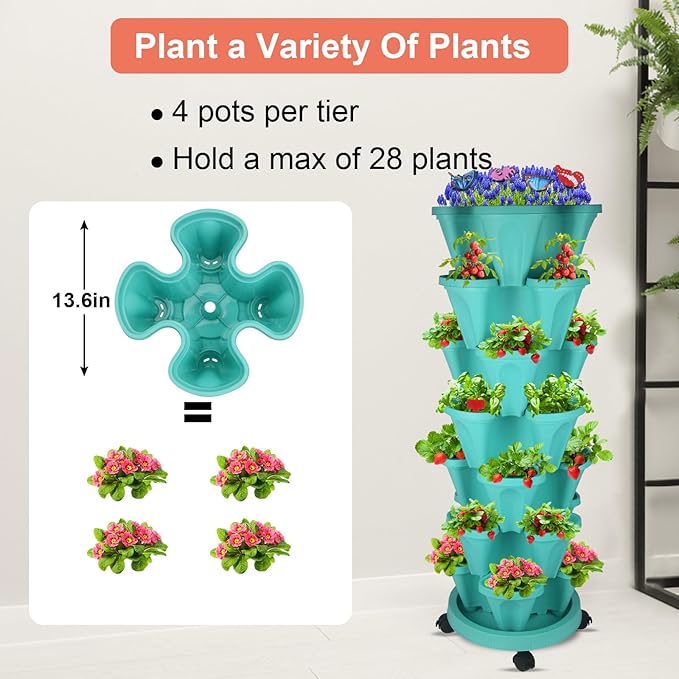 Vertical Planter, 7 Tier Stackable Strawberry Planter with Garden Tool Set, Movable Indoor/Outdoor Garden Herb Pot for Growing Vegetables and Succulents, Teal