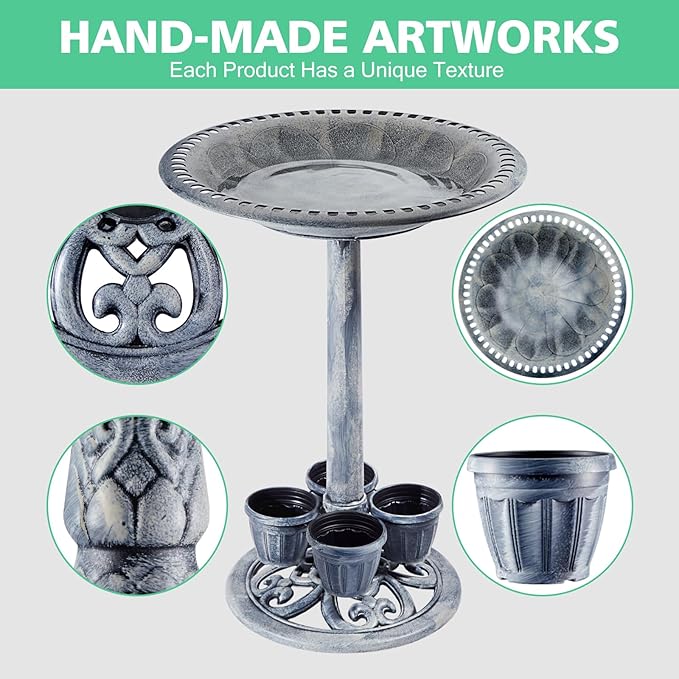 Bird Bath for Outside with 4 Removable Flower Planters 28in Polyresin Lightweight Vintage Birdbath for Outdoors Stake Standing Bowl and Water Feeder Yard Garden Decor Gray