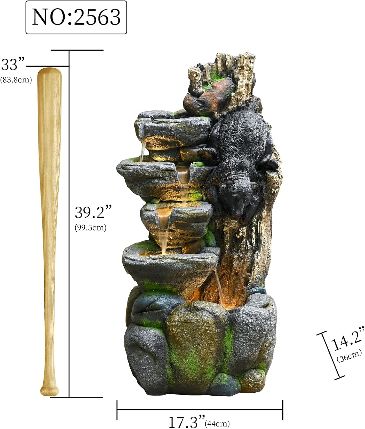 39" Outdoor Garden Water Fountain with Lights 5 Tiers Cascading Large Waterfall Floor Standing Fountain for Patio, Backyard, Deck, Porch and Home Art Decor