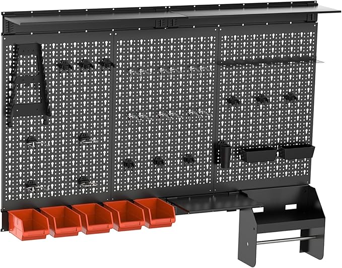 TORACK Metal Pegboard Wall Organizer 4ft Wide, Tool Storage Pegboard System for Garage with Accessories, Wall Mount Storage Bins, Shelves, Peg board Tool Organizer Kit for Workbench(Black)