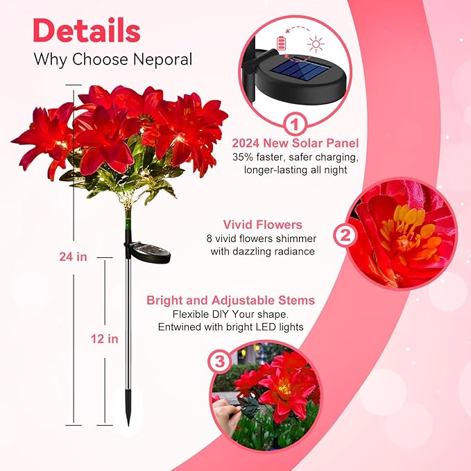 Neporal Solar Flowers Outdoor Waterproof Pink, Decorative Garden Lights Solar Powered Dusk to Dawn, 8-Stem, 2 Lighting Modes Plants Lights for Yard, Backyard, Porch (Modern, 2, Count)