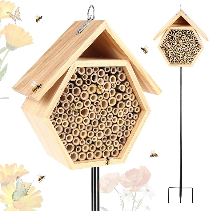 Mason Bee House for Garden, Natural Wooden Bee Habitat with Metal Ground Stake, Attracts Pollinators, Improve Garden Productivity, Outdoor Decoration