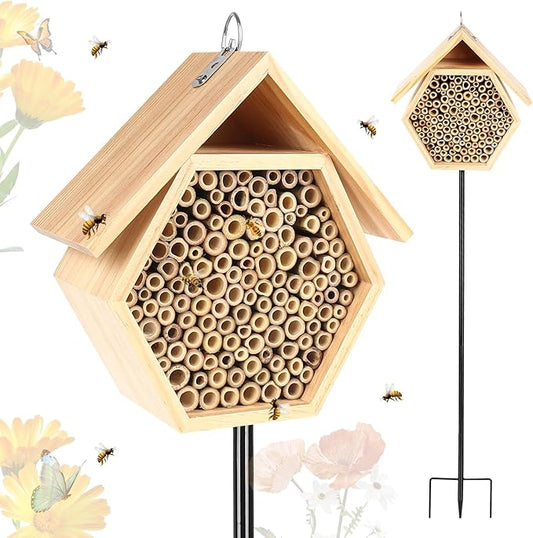 Mason Bee House for Garden, Natural Wooden Bee Habitat with Metal Ground Stake, Attracts Pollinators, Improve Garden Productivity, Outdoor Decoration