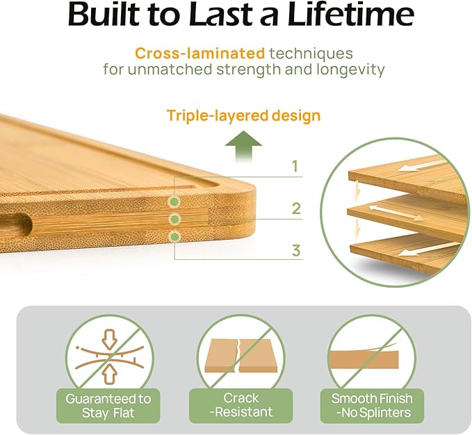 Cutting Board For Kitchen Natural Bamboo With Smooth Finish & Deep Juice Groove – L (15x10) – Great For Slicing, Serving