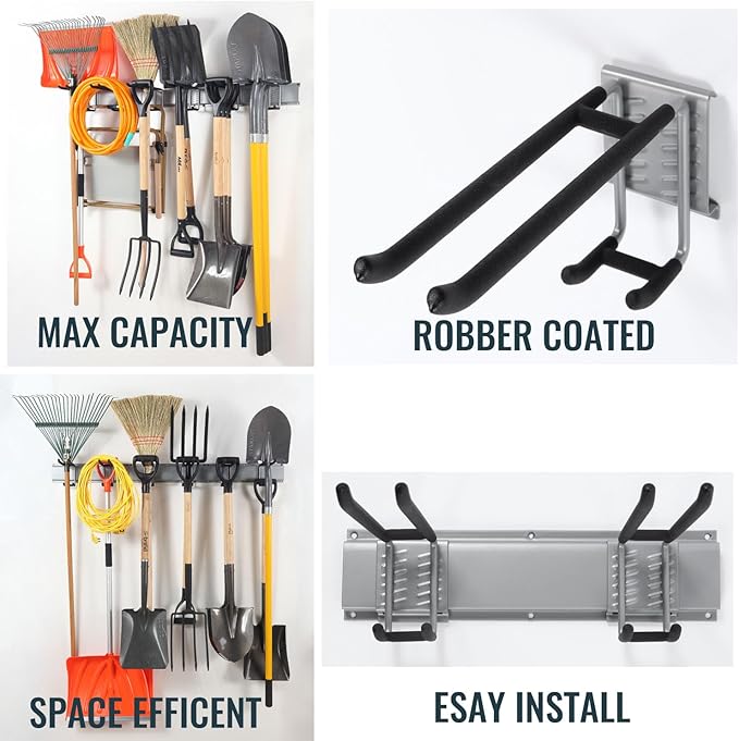 Wall Mount Tool Storage Rack, Heavy Duty Garage Organizer, Garden Hooks and Hangers, Hold Up to 350lbs Grey AK806
