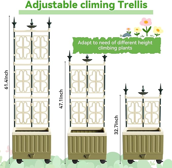 Tomato Planter with Trellis,61.4" Self-Watering Tomato Cage Raised Garden Bed Planter Box with Trellis & Wheels for Climbing Plants Vegetable Vine Flowers