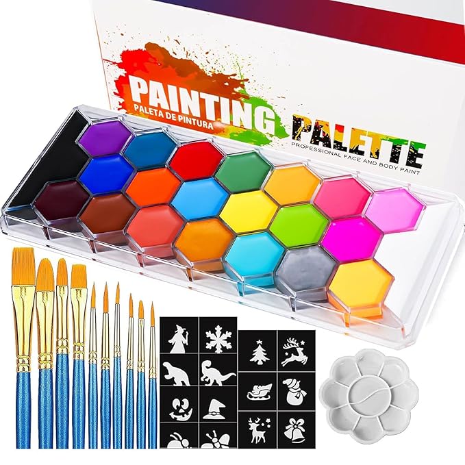 22 Colors Professional Face Body Paint Kit, Face & Body Paint Kit for Halloween,including 22 Colors Face&Body Paint,10 smooth Blue Brushes,30 sheets Black White Special Effects