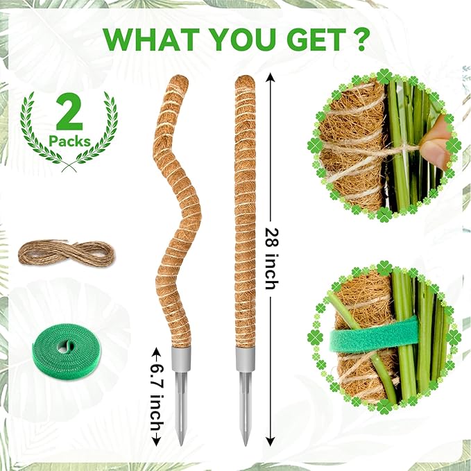 28 Inch Moss Pole, 2 Pack Bendable Moss Pole for Plants Monstera, Climbing Plants Indoor, Support Stakes, Coco Coir Poles, Trellis, Potted Plant Support