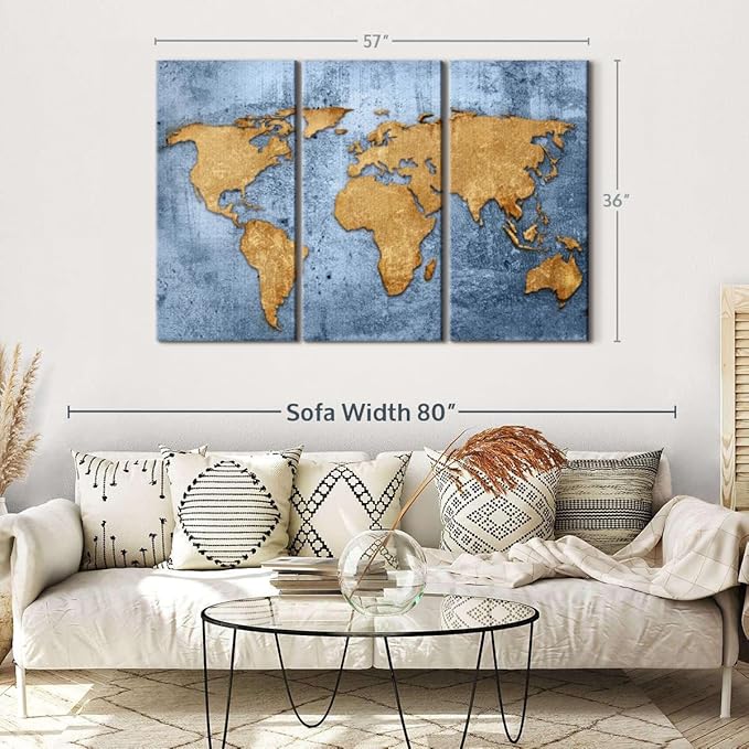 ElephantStock Azure World Map Wall Art Multi Piece Canvas - 3 Panel Wall Decor - Map of the World Art - Canvas for the Office and Home - 57" X 36"