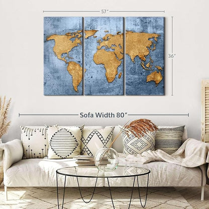 ElephantStock Azure World Map Wall Art Multi Piece Canvas - 3 Panel Wall Decor - Map of the World Art - Canvas for the Office and Home - 57" X 36"