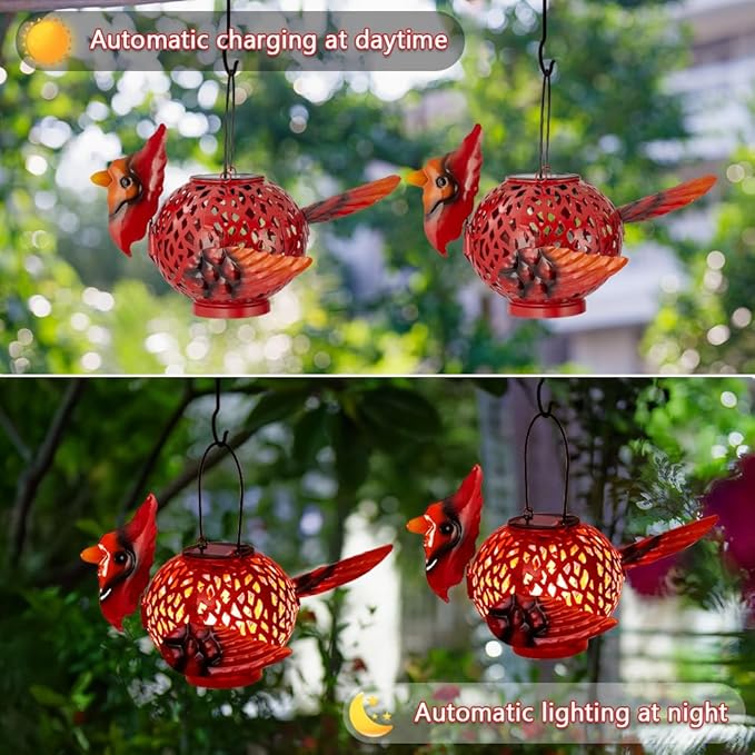 2 Pack Cardinal Solar Lanterns Outdoor Hanging with Handle, Metal Tabletop Solar Lanterns Outdoor Waterproof, LED Light Solar Lantern for Table Pathway Patio Yard Christmas Gifts