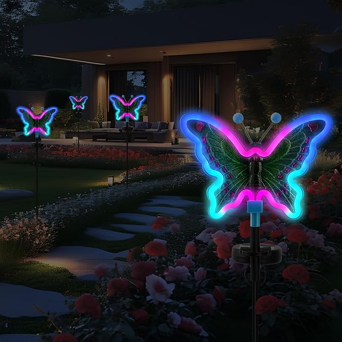 Solar Butterfly Lights Outdoor,Butterfly Solar Lights for Outside, Solar Garden Decor, Outdoor Garden neon Lights,Pathway Butterfly Lights (Light Blue,2pack)