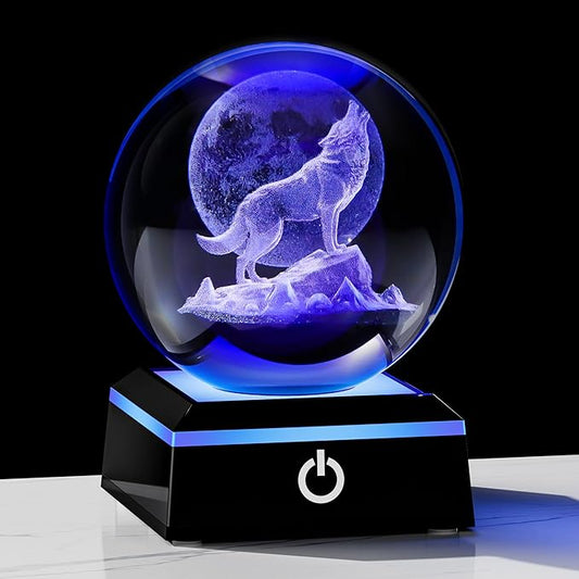 Qianwei Wolf Gifts: 3D Crystal Ball - 3.14'' Laser Decor Glass Animals Figurines Statue & Night Light