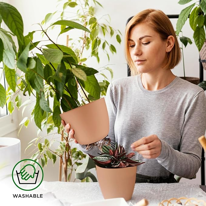 Planter Pots with Drainage Holes - Lightweight, Durable, and Space-Saving Pots for Indoor and Outdoor - Versatile Functionality, Simple Modern Design, Set of 5 Plastic Planter Pots - Pink