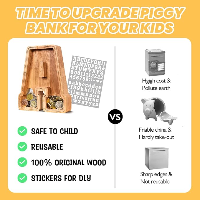 KMC Wooden Letter Piggy Bank, Personalized Initial Piggy Bank for Kids Boys, Clear Alphabet A Wood Money Box, Unbreakable Coin Saving Jar, Birthday, for Children