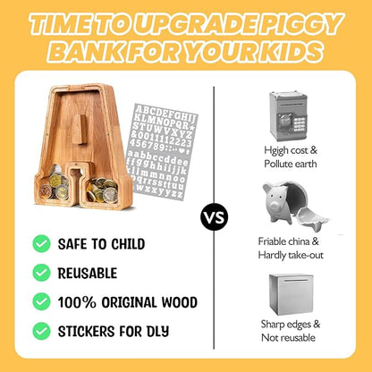 KMC Wooden Letter Piggy Bank, Personalized Initial Piggy Bank for Kids Boys, Clear Alphabet A Wood Money Box, Unbreakable Coin Saving Jar, Birthday, for Children