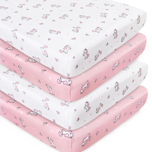 Girl Crib Sheets 4-Pack, Fitted Sheets 52'' x 28'' for Standard & Toddler Mattress, Soft Breathable Material, Neutral & Pink
